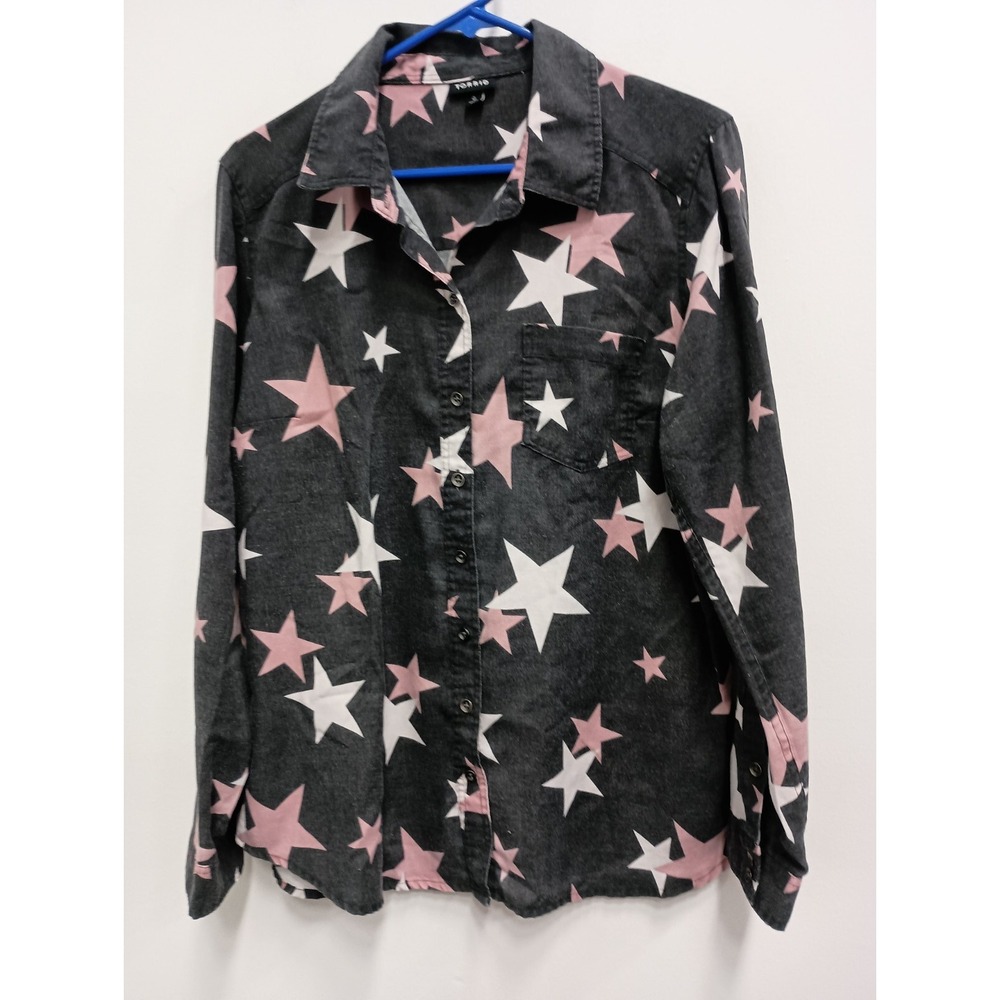 Torrid Womens Taylor Star Print Shirt Size 0X Charcoal Long Sleeve Relaxed Fit